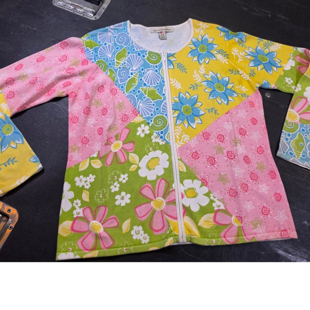 David Brooks Patchwork Floral Seashell Zip Front Cardigan Sweater Multicolor L